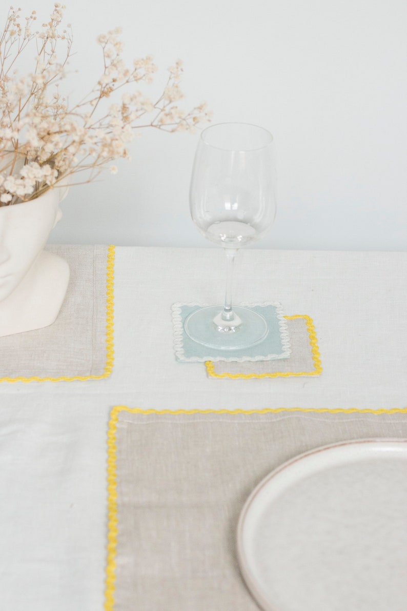 Natural linen dinner napkin with yellow rick rack trim. Classic table decor. Thanksgiving gift. image 6