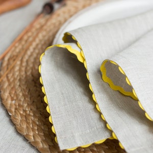 Natural linen dinner napkin with yellow rick rack trim. Classic table decor. Thanksgiving gift. image 4