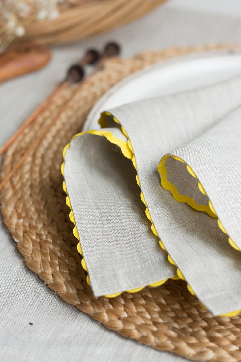 Natural linen dinner napkin with yellow rick rack trim. Classic table decor. Thanksgiving gift. image 4