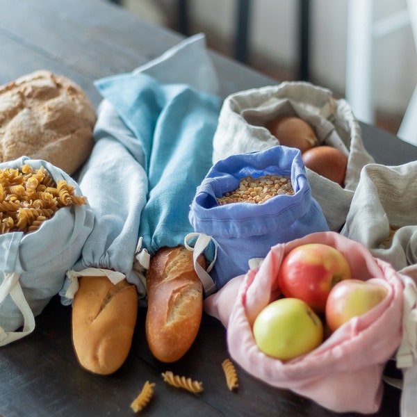 Linen Bread Bag with drawstring closure. Organic linen kitchen storage. Zero waste food storage. Baker Gift. Baguette bag.