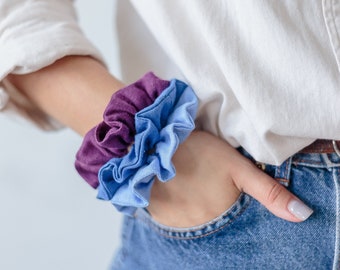 Natural Linen Scrunchies. Classic hair elastic set. Blue Purple boho hair tie.