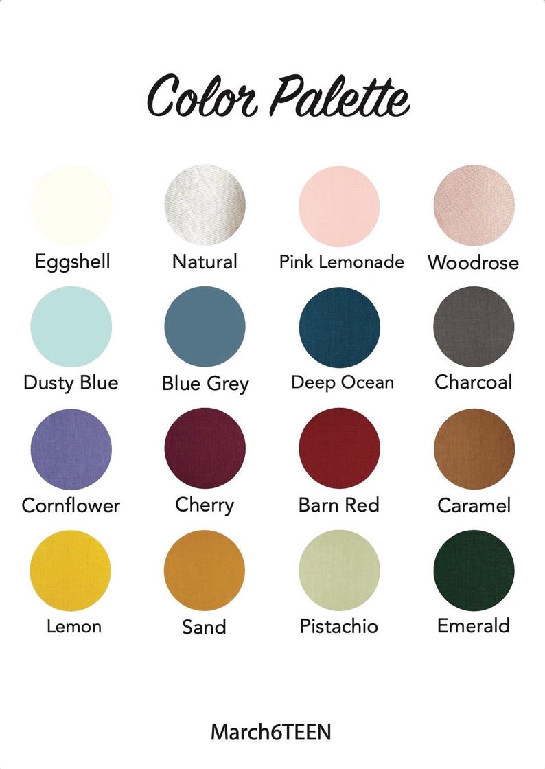 May include: Color palette with 16 different colors, including eggshell, natural, pink lemonade, woodrose, dusty blue, blue grey, deep ocean, charcoal, cornflower, cherry, barn red, caramel, lemon, sand, pistachio, and emerald. The text "March6TEEN" is at the bottom of the image.