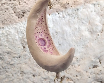 Amethyst ceramic moon, Crescent moon, Wall hanging piece, Witchmoon gift