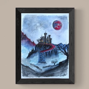 Handmade Victorian Gothic Castle-24x18cm-Watercolors on aquarelle paper 280gsm- Moonlight Medieval Fantasy Castles-Dracula Castle-Blood moon