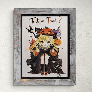 May include: A framed artwork featuring a Halloween-themed anime-style illustration. The artwork depicts a character in a black dress and a pumpkin-shaped hat, with the text "Trick or Treat?" above. The frame is a distressed gray color.
