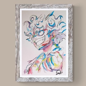 May include: Watercolor artwork of a character with spiky white hair and a wide grin, framed in a light gray wooden frame. The character's skin is a mix of vibrant colors, with blue, yellow, and red accents. The artwork is signed in the bottom right corner.