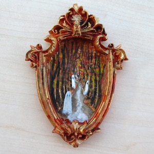 Handmade Victorian Framed Watercolor-Autumn Halloween themed-Ghosty and his friends-12x7cm-Molded Plaster Mini Painting- Spooky Season
