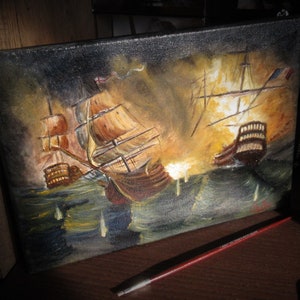 Naval Battle Handmade - Seafight - Sails - Oil painting - 25x35cm - Burning Ships in the sea-Fire on water-Napoleonic Naval Battle- Handmade