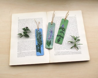 Marque-pages en bois faits à la main 12x3cm, série botanique-lavande-romarin-menthe-parfumé