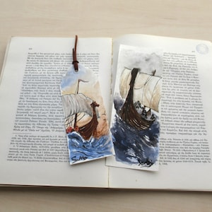 Handmade Viking Ship Bookmark: Watercolor Norse Mythology Art