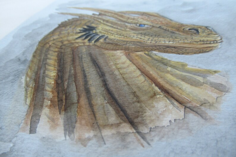May include: Watercolor painting of a dragon's head and neck, rendered in shades of brown, tan, and gold. The dragon has a frill, blue eyes, and a detailed, textured appearance. The artwork is set against a soft, light gray background.