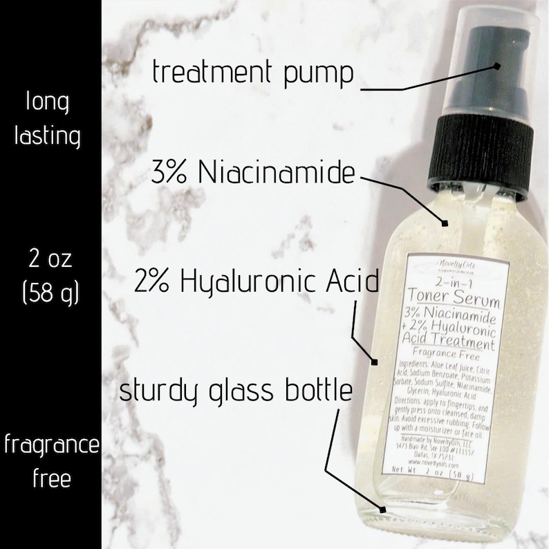 May include: A clear glass bottle of 2-in-1 Toner Serum containing 3% Niacinamide and 2% Hyaluronic Acid. The bottle features a black treatment pump, a white label with text, and a net weight of 2 oz (58 g). The product is fragrance free and long lasting.