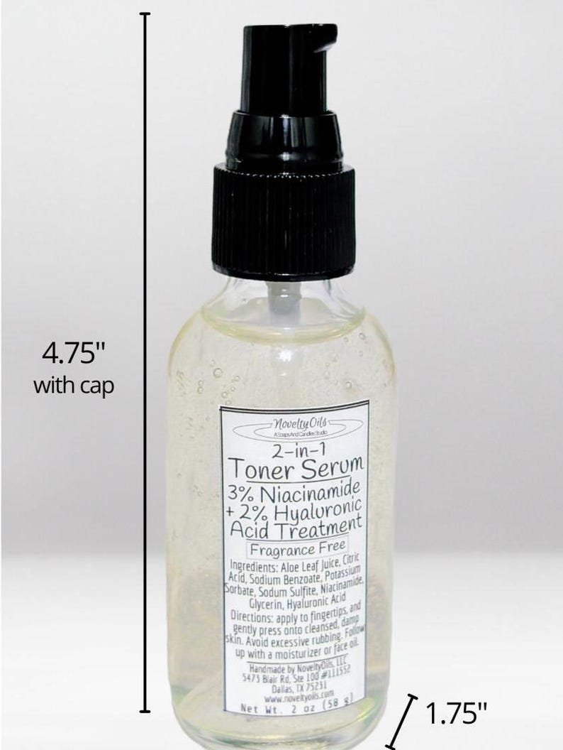 May include: A clear glass bottle containing a 2-in-1 Toner Serum with a black pump cap. The label reads 2-in-1 Toner Serum, 3% Niacinamide + 2% Hyaluronic Acid Treatment. The bottle measures 4.75 inches in height with the cap and 1.75 inches in width.