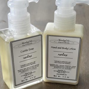 May include: Two clear plastic bottles with pumps, one labeled "Castile Soap relax" and the other "Hand and Body Lotion relax". Both bottles are 3.4 ounces and contain natural ingredients.