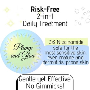 May include: A graphic advertisement featuring the text Risk-Free 2-in-1 Daily Treatment. A light blue and yellow starburst contains the text Plump and Glow. A rectangular box states 3% Niacinamide safe for the most sensitive skin, even mature and dermatitis-prone skin. A final box reads Gentle yet Effective. No Gimmicks!