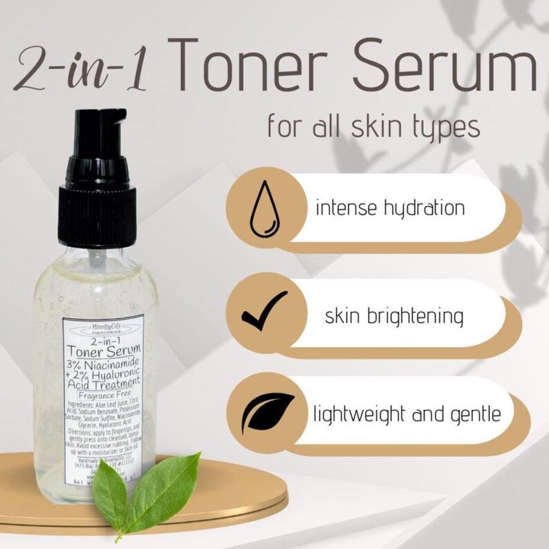 May include: A clear glass bottle with a black pump dispenser containing 2-in-1 Toner Serum. The label lists 3% Niacinamide and 2% Hyaluronic Acid. Text highlights include intense hydration, skin brightening, and a lightweight, gentle formula.
