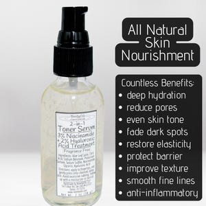 May include: A clear 2-ounce bottle of 2-in-1 Toner Serum with a black pump dispenser. The label lists 3% Niacinamide and 2% Hyaluronic Acid. Text on the right highlights benefits including deep hydration, pore reduction, and anti-inflammatory properties.