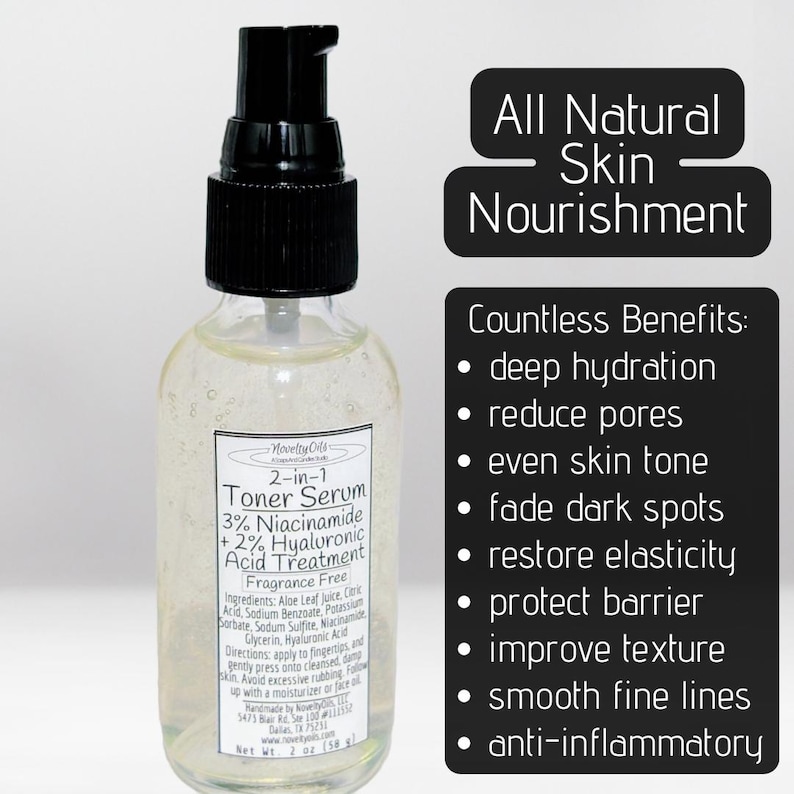 May include: A clear 2-ounce bottle of 2-in-1 Toner Serum with a black pump dispenser. The label lists 3% Niacinamide and 2% Hyaluronic Acid. Text on the right highlights benefits including deep hydration, pore reduction, and anti-inflammatory properties.