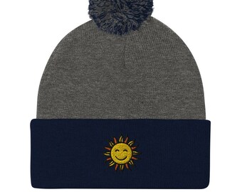 Smile Sun Pom-Pom Beanie,Embroidered Beanie,Warmth and comfort Beanie,Cute design Beanie,Unisex Embroidery Cuffed Beanie