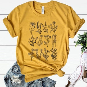 Wildflower t-shirt, Botanical flower shirt,Graphic tee,Nature lover shirt,Gardening shirt, boho tshirt,Save the Bees Tshirt,Plant t shirt Mustard