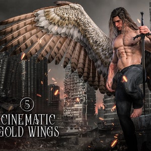 5 Cinematic Gold Wings Overlays for Digital Art and Book Covers, Photoshop Overlays, Wing Clipart, Angel Wing PNGs, PNG Overlays