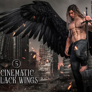 5 Cinematic Black Wings Overlays for Digital Art and Book Covers, Photoshop Overlays, Wing Clipart, Angel Wing PNGs, PNG Overlays