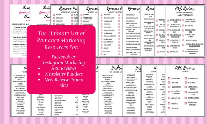 May include: A pink and white graphic with the title "The Ultimate List of Romance Marketing Resources For:" and lists of resources for Facebook, Instagram Marketing, ARC Reviews, Newsletter Builders, and New Release Promo Sites.
