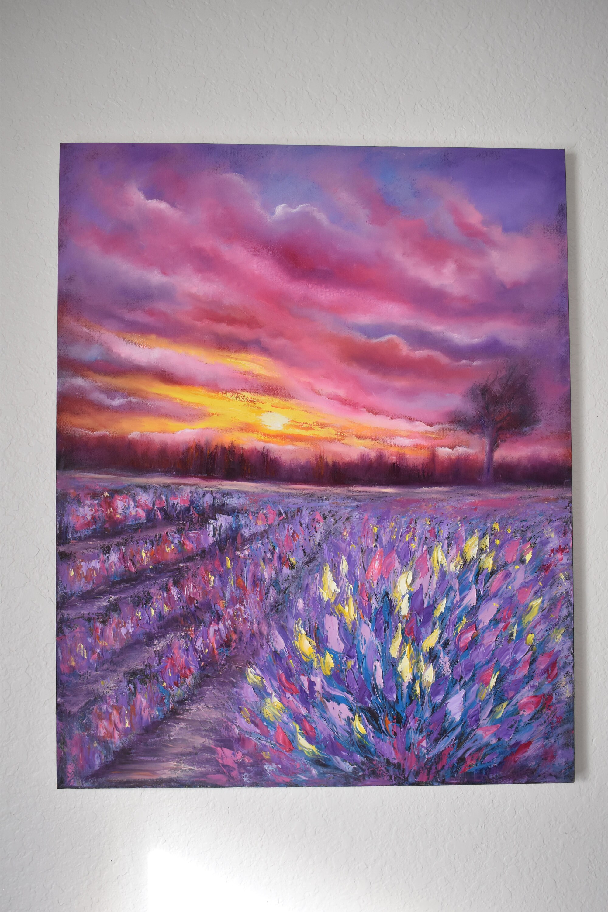 Impasto Lavender Field Painting: Provence Landscape on Canvas