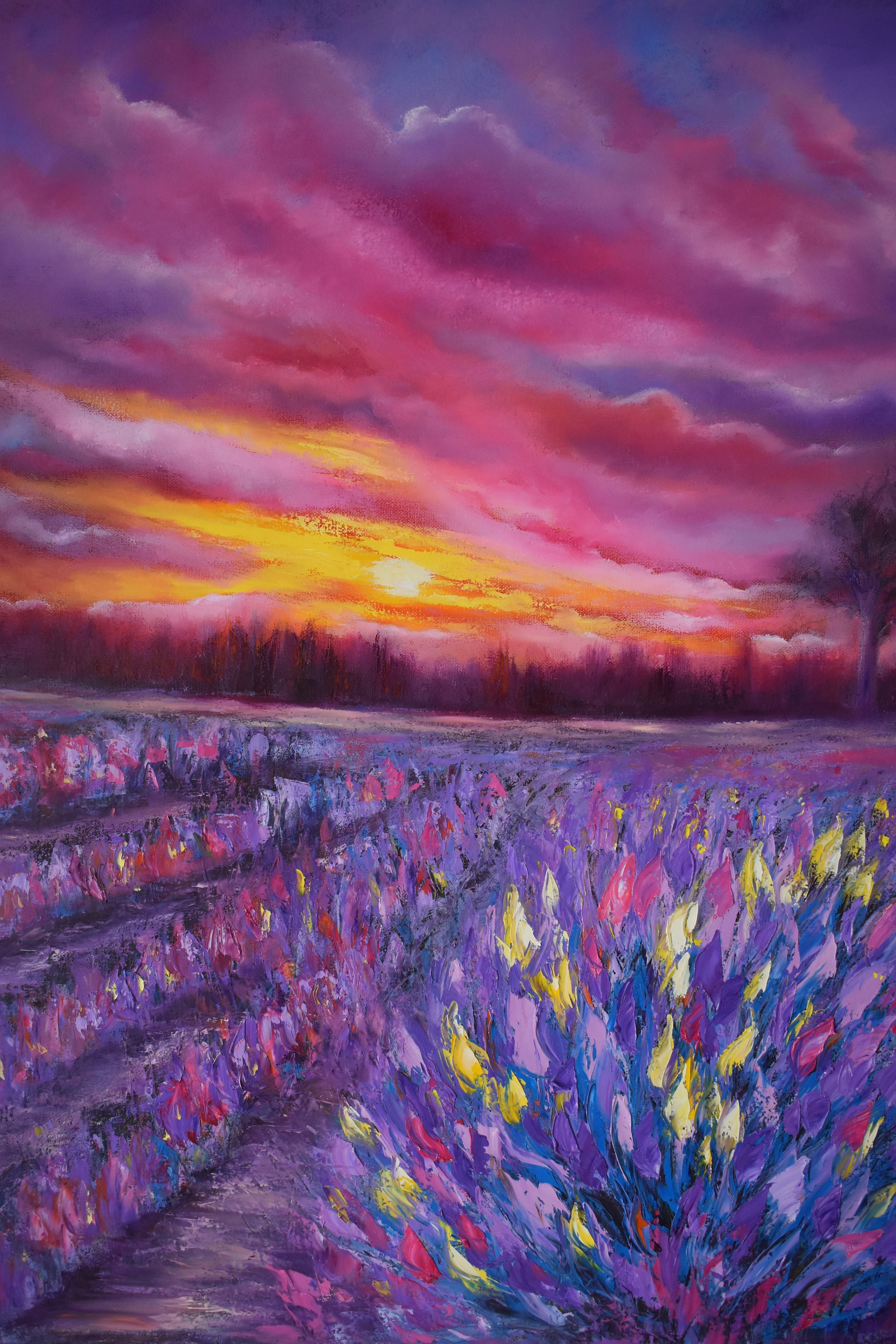 Impasto Lavender Field Painting: Provence Landscape on Canvas