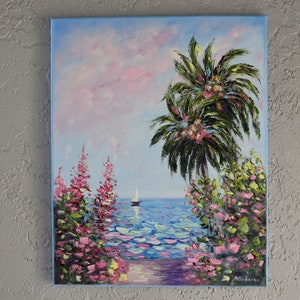 Seascape Original Painting Oil on Canvas Impasto 20&#39;&#39; × 16&#39;&#39; by Margarita Dobreva Fine Art Florida Beach Ocean Palms Boat Unique Gift Signed