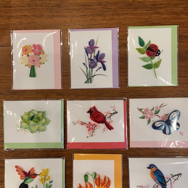 Handmade Paper Quilling Cards, 3x3.75 Gift Enclosure Tags, Fair Trade Vietnam, Ladybug Butterfly Hummingbird Succulent Pinwheels Cupcake