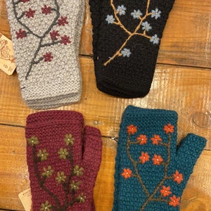 Hand-Knit 17% Alpaca Wool Fingerless Women's Gloves with Embroidered Flowers, Arm Hand Warmers, Gray Teal Black Wine, Fair Trade from Peru