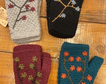 Hand-Knit 17% Alpaca Wool Fingerless Women's Gloves with Embroidered Flowers, Arm Hand Warmers, Gray Teal Black Wine, Fair Trade from Peru