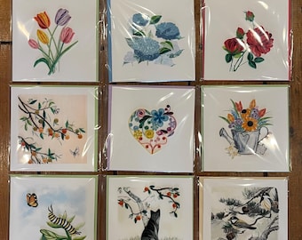 Handmade Paper Quilling Cards, 6.25x6 Greeting Cards, Fair Trade from Vietnam, Florals Birds Cat Butterflies Lily Pad Caterpillar Tulips