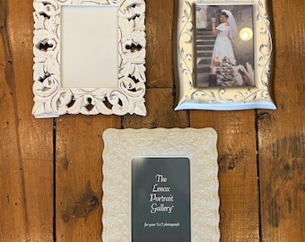 Various 5x7 Picture Frames, Carved Distressed Whitewashed Wood & LENOX Porcelain and Silverplate, Wedding and Anniversary Picture Frames