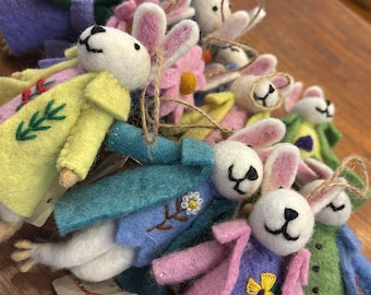 Felted Wool Decorative Felt Hanging Ornaments Dapper Dressed-Up Bunnies, Bendable Arms and Legs 6x3.5 Inches, Easter Decor, Fair Trade Nepal