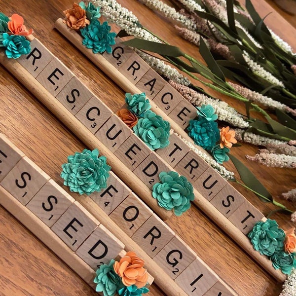 Handcrafted Wooden Decor Signs Made from Scrabble Letter Tiles, Grace Trust Rescued Forgiven Blessed Freedom Joy Hope, Locally Crafted