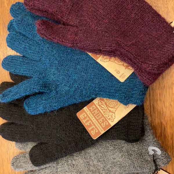 Hand-Knitted 100% Alpaca Adult Medium/Large Gloves, Gray Wine Purple Teal Blue BlackFair Trade from Peru & Bolivia