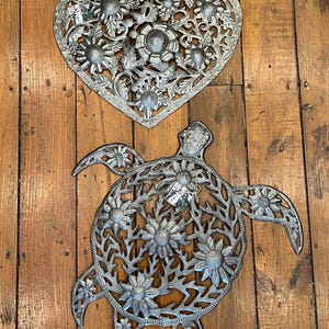 Haitian Handmade Cut Recycled Steel Metal Wall Art, Sea Turtle Moon and Heart, Fair Trade from Haiti