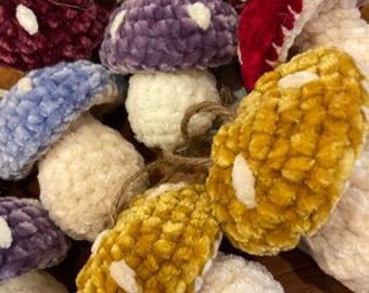 Hand-Crafted Plush Chenille Mushroom Hanging Christmas Holiday Ornaments, Child-Friendly Woodland Critter Decor, Local Artisan Shanna Bell
