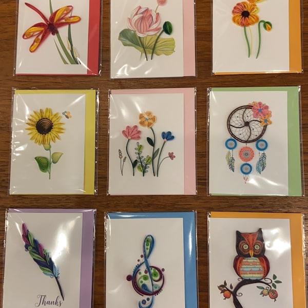 Handmade Paper Quilling Cards, 3 x 3.75 Gift Enclosure Cards, Gift Tags, Fair Trade from Vietnam, Flowers Dragonflies Owl Treble Feather