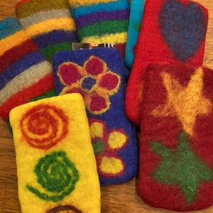 Felted Wool Glasses Case, Felt Eye Glass Holder, 6.5 x 3 Inches, Swirls Flowers Hearts Stars Polk-a-Dots, Pencil Case, Fair Trade from Nepal