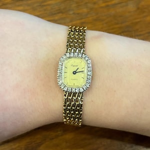 Vintage Exquisite 14K Yellow Gold Genuine Diamond-Encrusted Swiss Quartz Women’s Wrist Watch, Serviced & Cleaned, Working, New Battery