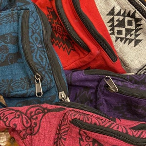 Hipster Block Printed Zippered Fanny Pack, Travel Bag, Nomad Bag, Adjustable Waist, Fair Trade Nepal, Hummingbird Hedgehog Cat Butterfly
