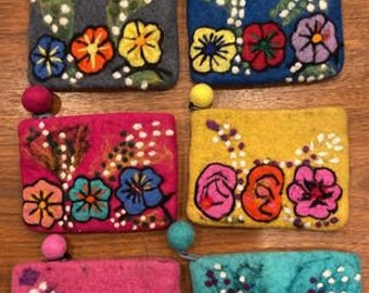 Felted Wool Cotton Infused Embroidered Zippered Floral Coin Purse 6 x 5 Inches, Cosmetic Bag, Jewelry Pouch, Fair Trade from Nepal