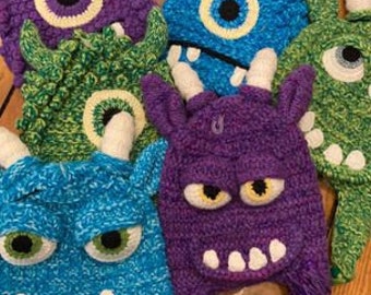 Hand-Knit 17% Alpaca Cyclops Monster Childrens Youth Kids Winter Hat Beanie, with Ties, Purple Blue Green, Fair Trade Peru