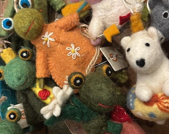 Hand-Crafted Felted Wool Hanging Christmas Holiday Ornaments Child-Friendly, Dress-Up Frogs Polar Bears Pig Donkey Bunny, Fair Trade Nepal