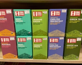 Fair Trade Organic Tea, 20 Tea Bags per Box, Green Mint Jasmine Earl Gray English Breakfast Rooibos
