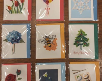 Handmade Paper Quilling Cards, 3x3.75 Gift Enclosure Tags, Fair Trade Vietnam, Bee Hearts Blue Bird Red Tulips Hydrangea Rose Lightening Bug