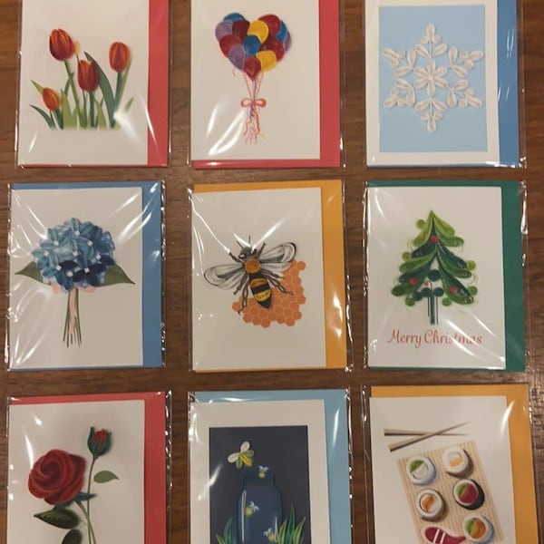 Handmade Paper Quilling Cards, 3x3.75 Gift Enclosure Tags, Fair Trade Vietnam, Bee Hearts Blue Bird Red Tulips Hydrangea Rose Lightening Bug